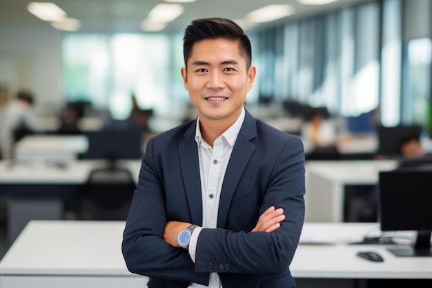 Dans un bureau moderne et lumineux, un bel homme d'affaires chinois de 35 ans