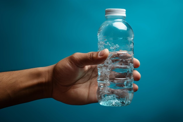 Dans un cadre bleu isolé, une main tient une bouteille d'eau minérale