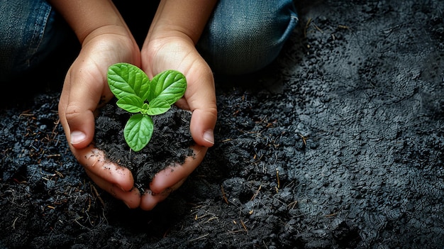 Dans le cadre d'un concept de sauvetage du monde, un enfant et un parent plantent un jeune arbre sur du sol noir ensemble.