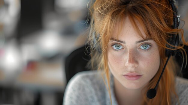 Dans un centre d'appels, une femme montre son intérêt pour les clients avec un sourire sur le visage.