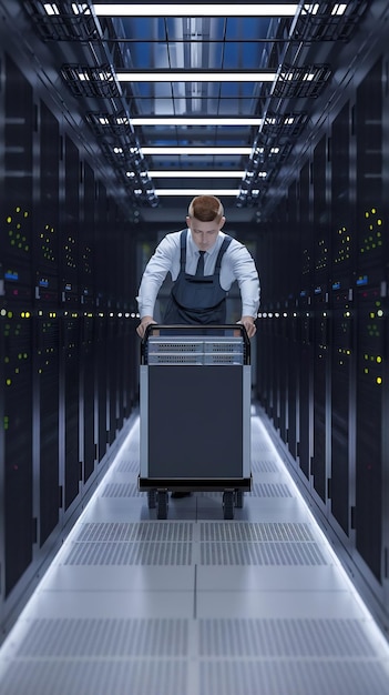 Dans le centre de données moderne, un technicien informatique travaillant avec des supports de serveur pousse le panier entre les rangées de serveurs