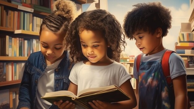 Photo dans la chambre confortable, les enfants absorbés par les livres, la lumière douce danse sur les pages alors que l'imagination s'élève.