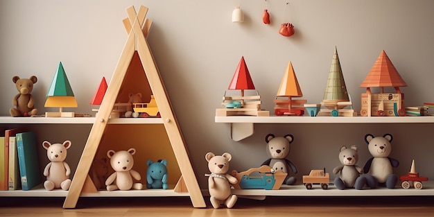 Dans la chambre des enfants, des jouets en bois vibrants créent une ambiance d'enchantement inspirant le petit pour des aventures sans fin et de la créativité.