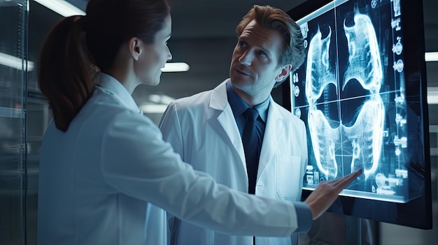Dans une chambre d'hôpital moderne, un médecin compatissant se tient debout avec le film radiographique d'un patient à la main et examine soigneusement les images radiographiques détaillées.