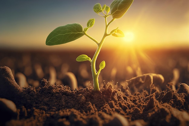 Dans le champ, une fine pousse de soja vulnérable atteint le soleil