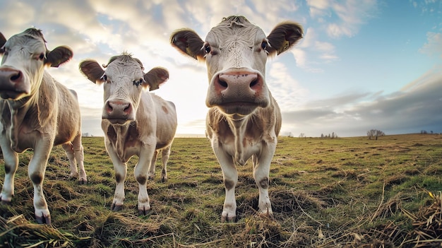 Photo dans un champ pittoresque, trois vaches se tiennent gracieusement et regardent directement le spectateur avec curiosité et calme.
