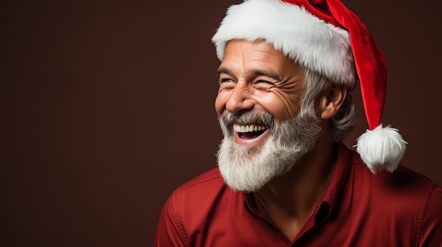 Dans le chapeau du père Noël un bel homme est dans le studio contre un fond de couleur