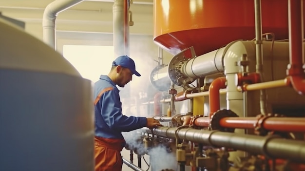 Dans la chaufferie, un travailleur portant un uniforme et un casque travaille avec des conduites d'eau à l'aide de l'IA générative