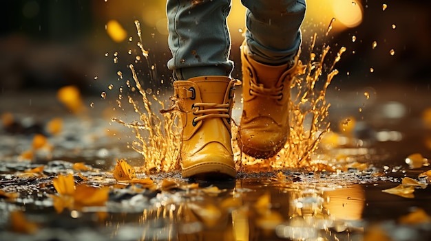 Dans des chaussures jaunes, il court à travers les feuilles d'automne.