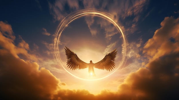 dans le ciel un ange avec des ailes et un halo sur le fond du coucher du soleil ciel avec des nuages dans le paradis la création du monde est Dieu