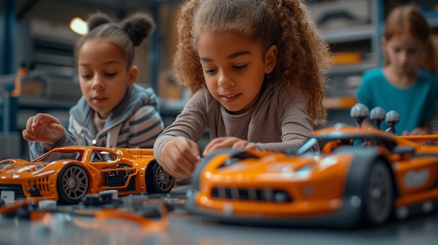 Dans une classe d'éducation STEM, des enfants issus de milieux éducatifs divers programment des voitures robotiques à l'aide d'ordinateurs et de concepts de codage.