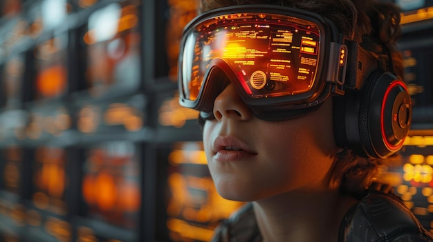 Dans une classe d'informatique, un garçon s'immerse dans la réalité virtuelle en codant son chemin à travers des paysages numériques.