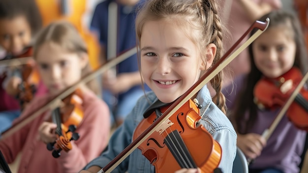 Photo dans une classe de musique, de jeunes étudiantes se consacrent à l'apprentissage du violon en se concentrant sur la musique et l'espace.