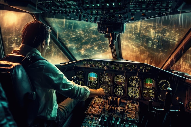 Photo dans le cockpit high-tech d'un avion, un pilote navigue de manière experte à travers une tempête. ia générative