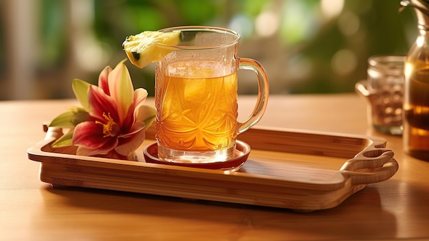 Dans un coin de petit déjeuner ensoleillé, un verre rempli de jus d'orange vibrant repose sur une table en bois rustique.