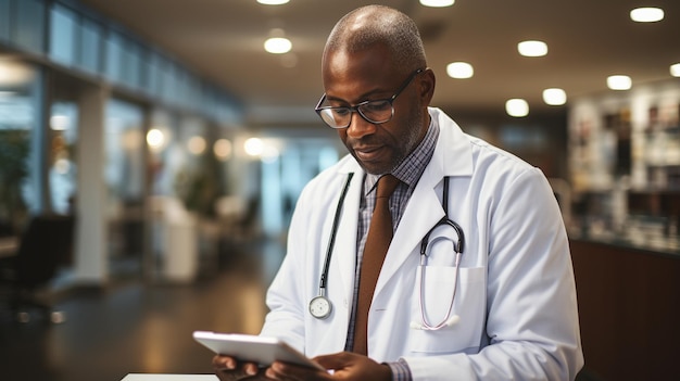 Dans un contexte hospitalier, un médecin travaille sur une tablette informatiquexA
