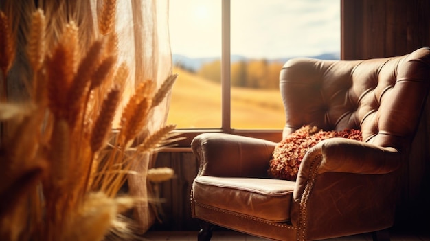 Dans le cottage de campagne doucement éclairé, un fauteuil en cuir vintage se trouve près d'une grande fenêtre au-dessus