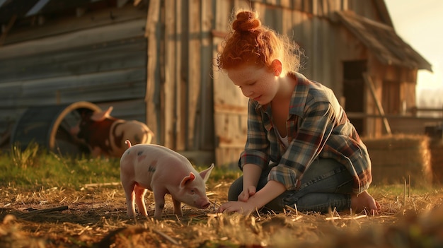 Photo dans une cour de village rustique, une petite fille aux cheveux roux joue avec un petit cochon.