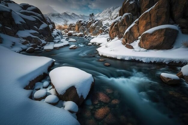 Dans les crevasses des rochers couverts de neige, l'eau coule.