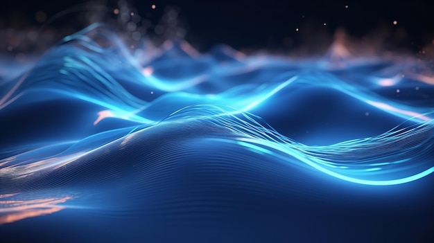 Dans le cyberespace bleu abstrait, les particules numériques produisent une onde rythmique IA générative