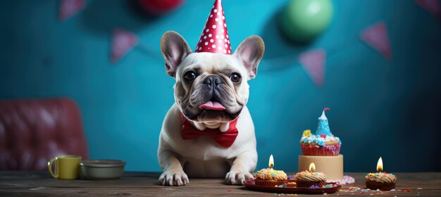 Photo dans cette délicieuse image, un chien porte un chapeau de fête créant une atmosphère ludique alors qu'il adresse un chaleureux vœu d'anniversaire débordant de charme et de célébration à chaque battement et aboiement.