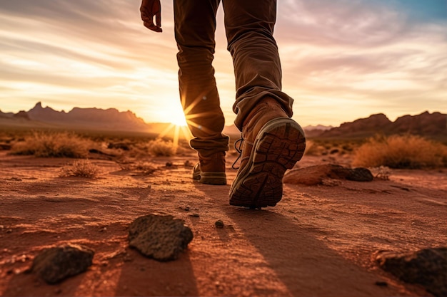 Photo dans le désert au lever du soleil, l'homme fait de la randonnée dans les montagnes.