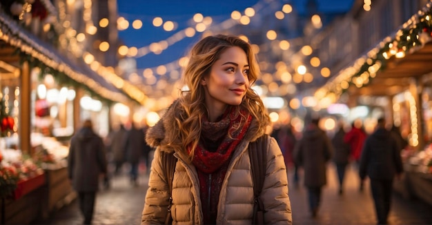 Dans la douce lueur du soir, une jeune femme serpente à travers le marché de Noël orné de radians.