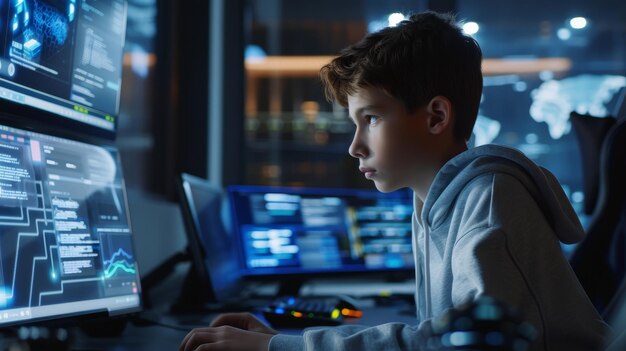 Dans l'école informatique en ligne, les enfants apprennent à coder, créent des codes de programme sur l'ordinateur, les garçons étudient le développement de jeux, la technologie robotique, créant des programmes informatiques en ligne.