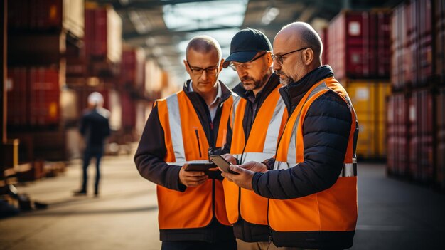 Dans un entrepôt de chaîne d'approvisionnement de conteneurs en plein air pour l'inspection des stocks, la logistique de livraison et les chefs d'entraînement.