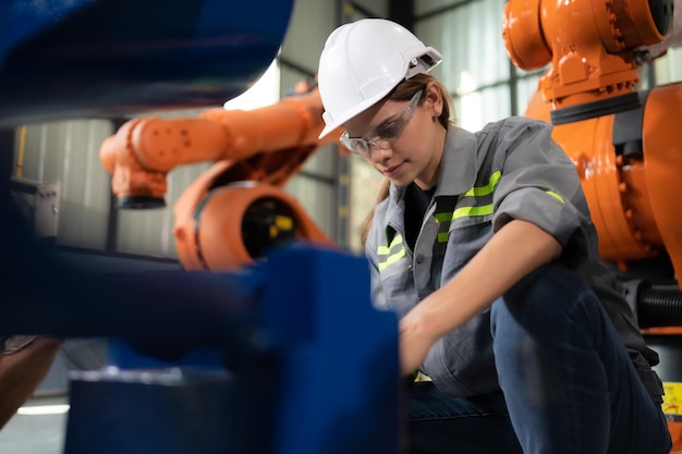 Dans l'entrepôt des robots, une ingénieure inspecte le système électrique de chaque bras robotique.