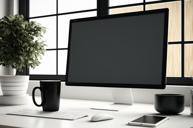 Photo dans un espace de coworking avec un écran d'ordinateur noir vierge, une tasse de café est sur la table