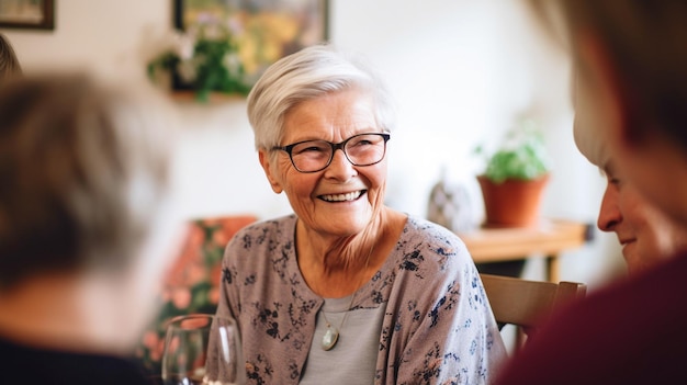 Dans un établissement de soins pour bénéficiaires internes, une femme âgée satisfaite converse avec ses amis à l'aide de l'IA générative après le déjeuner
