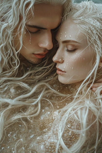 Dans une fantaisie médiévale, un homme et une femme blonds vêtus de vêtements royaux partagent un moment intime.
