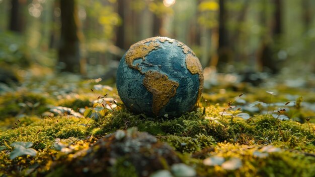 Dans une forêt d'Europe et d'Afrique, un globe repose sur de la mousse.