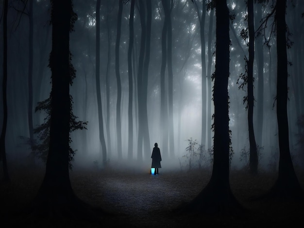 Dans la forêt fantasmagorique, une silhouette fantomatique boude dans la solitude générée par ai