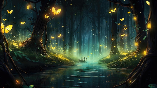 Dans une forêt magique la nuit Des lucioles scintillantes volent dans la forêt nocturne