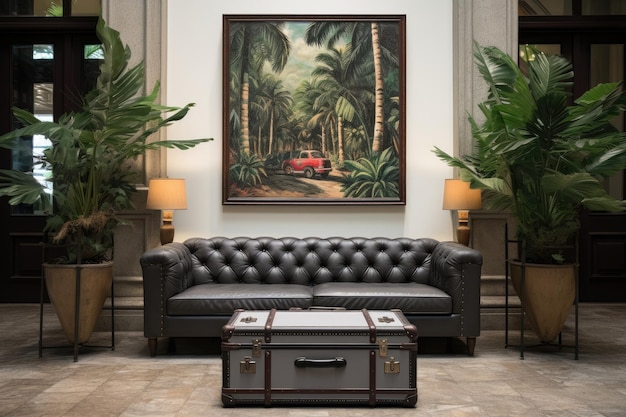 Dans le hall de l'hôtel, avec en toile de fond la salle d'attente et une végétation tropicale luxuriante, deux généreusement