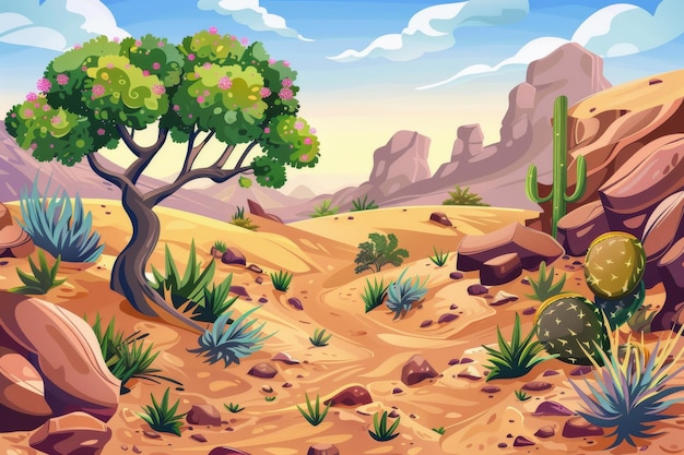 Photo dans cette illustration de dessin animé moderne d'un désert de sable chaud africain avec des pierres, de l'herbe de dune et des cactus en fleurs, vous voyez un paysage désertique avec des rochers, des arbres tropicaux, des herbes et des caktus en fleur.