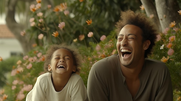 Photo dans un jardin en fleurs, le père joue joyeusement avec sa fille.