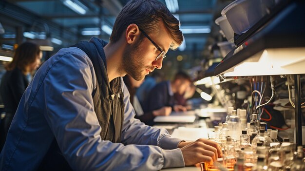 Dans le laboratoire de sciences, une professeure et des étudiants utilisent des ordinateurs portables.