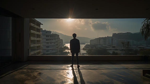 Dans un lieu intérieur à Alsancak Izmir le 14 mai 2022, un jeune homme observe les environs dans le cadre enchanteur du concept de silhouette au soleil.