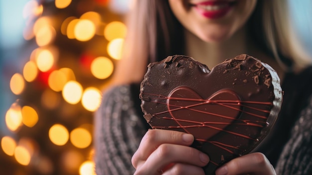 Dans la lueur des lumières scintillantes, une femme berce une boîte de chocolat en forme de cœur.