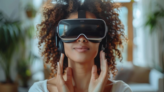 Dans des lunettes VR, une femme touche l'air