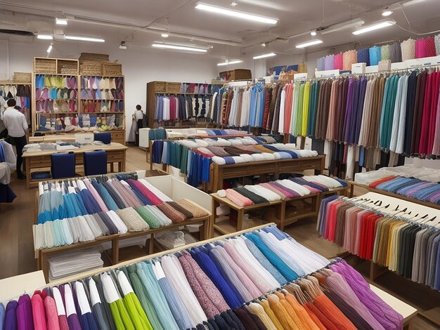 Dans un magasin de textile, différentes couleurs de tissus et différents matériaux, idées de couture et de mode