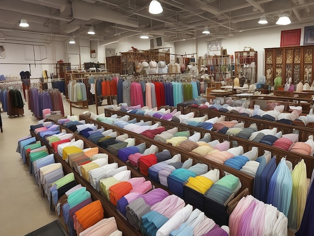 Dans un magasin de textile, différentes couleurs de tissus et différents matériaux, idées de couture et de mode