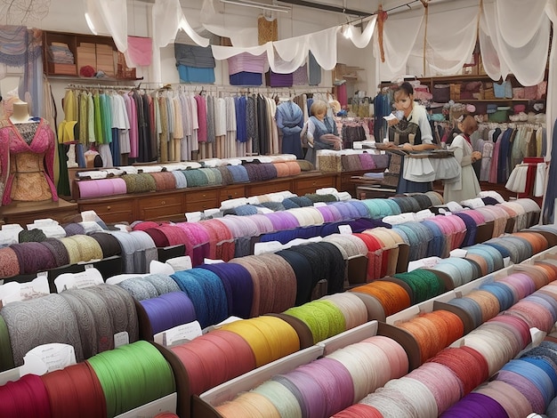 Dans un magasin de textile, différentes couleurs de tissus et différents matériaux, idées de couture et de mode