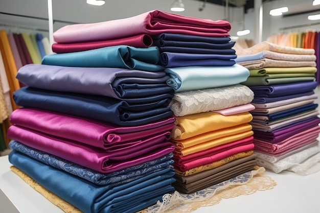 Dans un magasin de textile, il y a des tissus de différentes couleurs et de différents matériaux tels que le tissu, la dentelle, le lin satin, le concept de couture, les couleurs, les tissus, les vêtements et la mode.