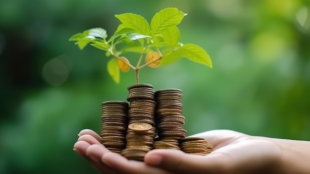 Dans la main de la femme d'arbres qui poussent sur la pile de pièces avec un arrière-plan flou vert bokeh