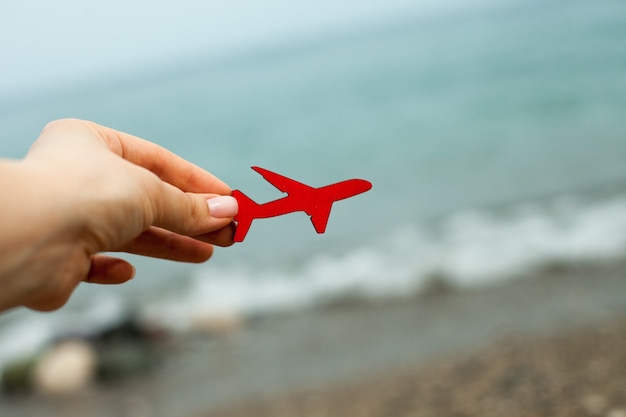 Dans les mains d'un avion en acajou en bois sur fond de côte de mer et de ciel un petit...