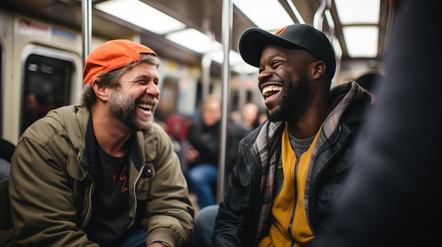 Photo dans un métro bondé, un homme partage un moment de légèreté avec un autre passager.